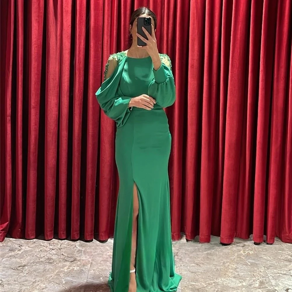 

Customized Fashion High Quality off-shoulder Dress Long Sleeves Jersey Sweep Train Party Evening Middle Slit Beaded sheath Gown