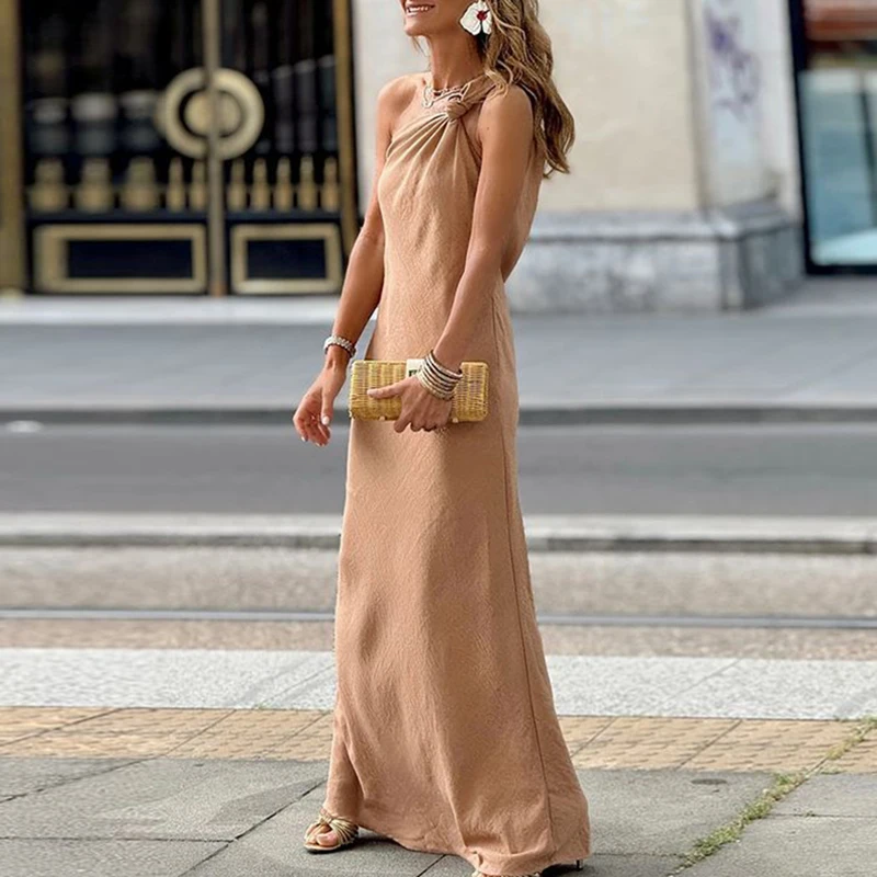 

Sexy Sleeveless Hollow Draped Robe Dress Fashion Asymmetric High Waist Long Dress New Summer Off Shoulder Women's Evening Dress