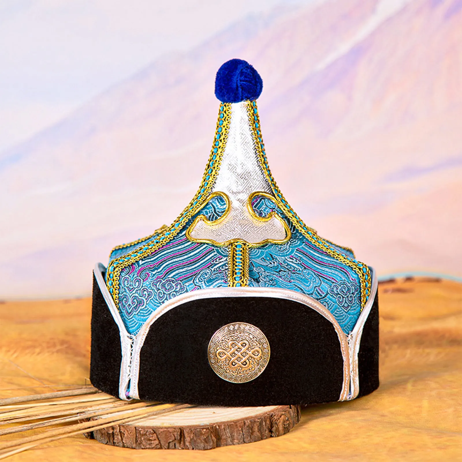 Mongolski kapelusz z delikatnymi wzorami, kapelusz księcia generała, ozdobny, dla mężczyzn, akcesoria do kostiumów, na występy sceniczne.