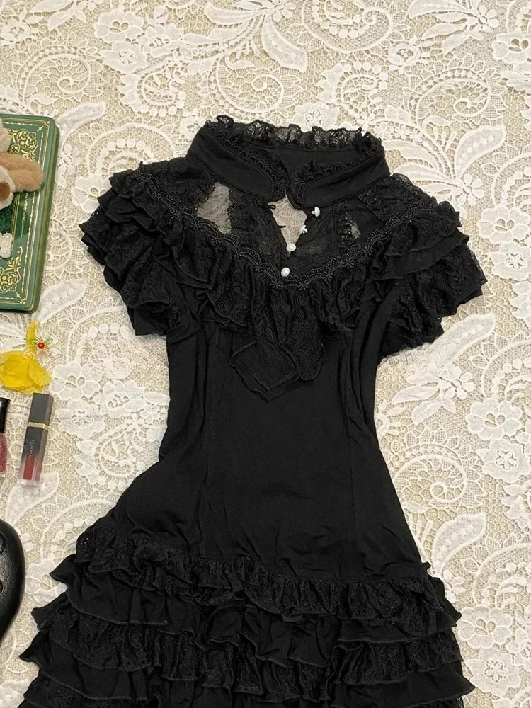 

Винтажный готический комплект из 2 предметов в стиле Харадзюку, женские кружевные топы без рукавов + мини-юбки-торты, облегающий костюм High Street, мода 2025, ретро