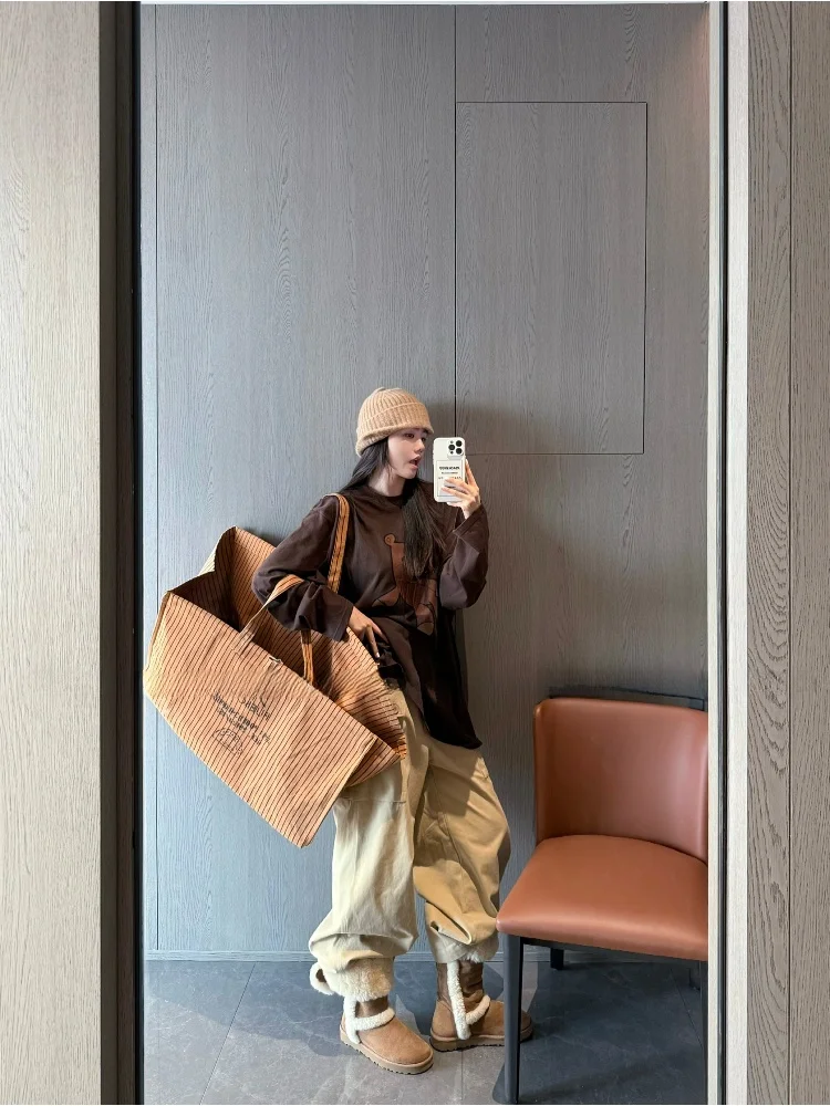 

PEACHZHOU Cool Feeling Snowflake Cotton Bear Print Loose round Ne Long Sve Retro Casual Anti-Aging T-irt