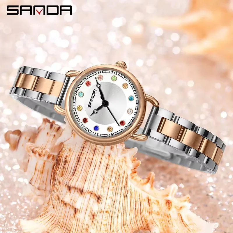 SANDA 1130 Fashion Women Quartz Watch Creative Diamond Dial Simple Retro Waterproof Stainless Steel Strap Ladies Casual Watches