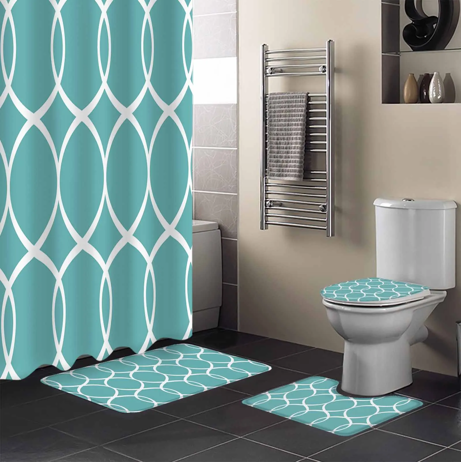 Geometric Abstract Lines Blue Shower Curtain Non-Slip Rugs Toilet Lid Cover and Bath Mat Bathroom Curtains with Hooks