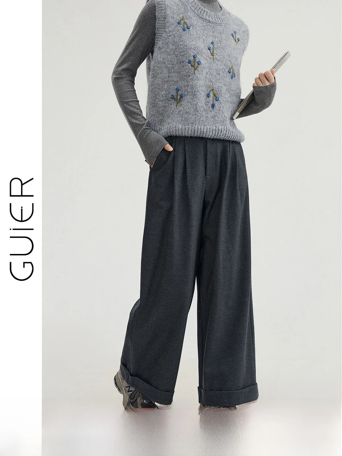 

Женские шерстяные брюки с высокой талией и широкими штанинами, повседневные, свободного кроя, визуально стройнящие, весна-осень, новинка, винтажный стиль