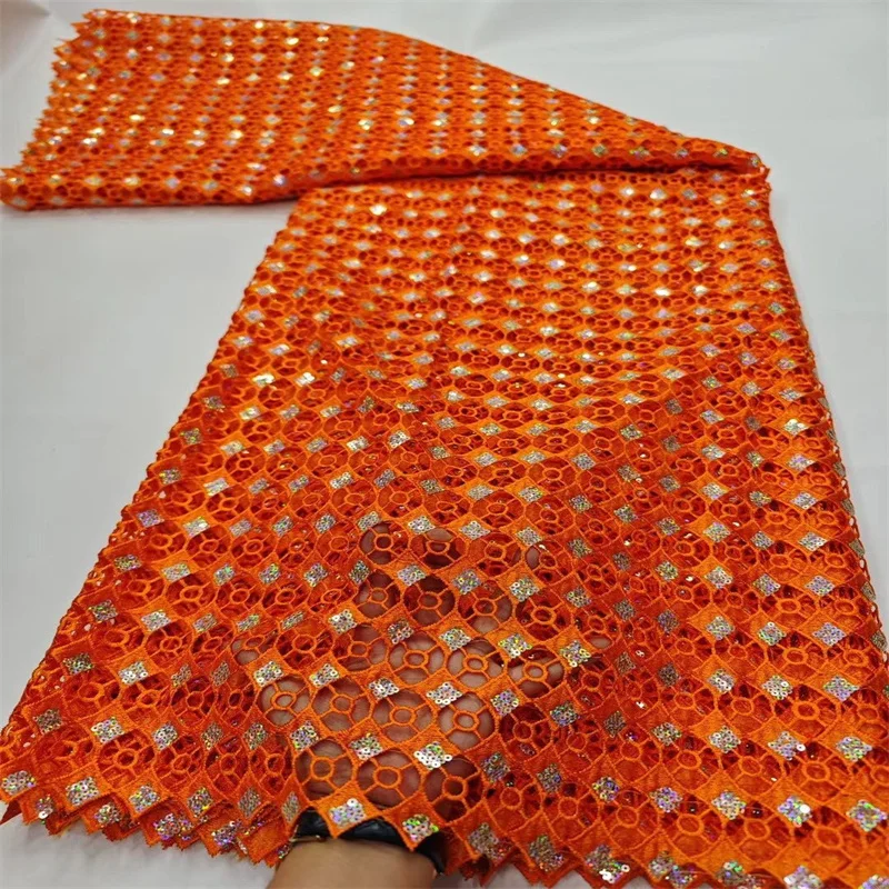 

Latest High Quality African Nigerian Orange Tulle Sewing Lace Fabric Guipure Embroidery Dresses Sequins Water soluble 5yards