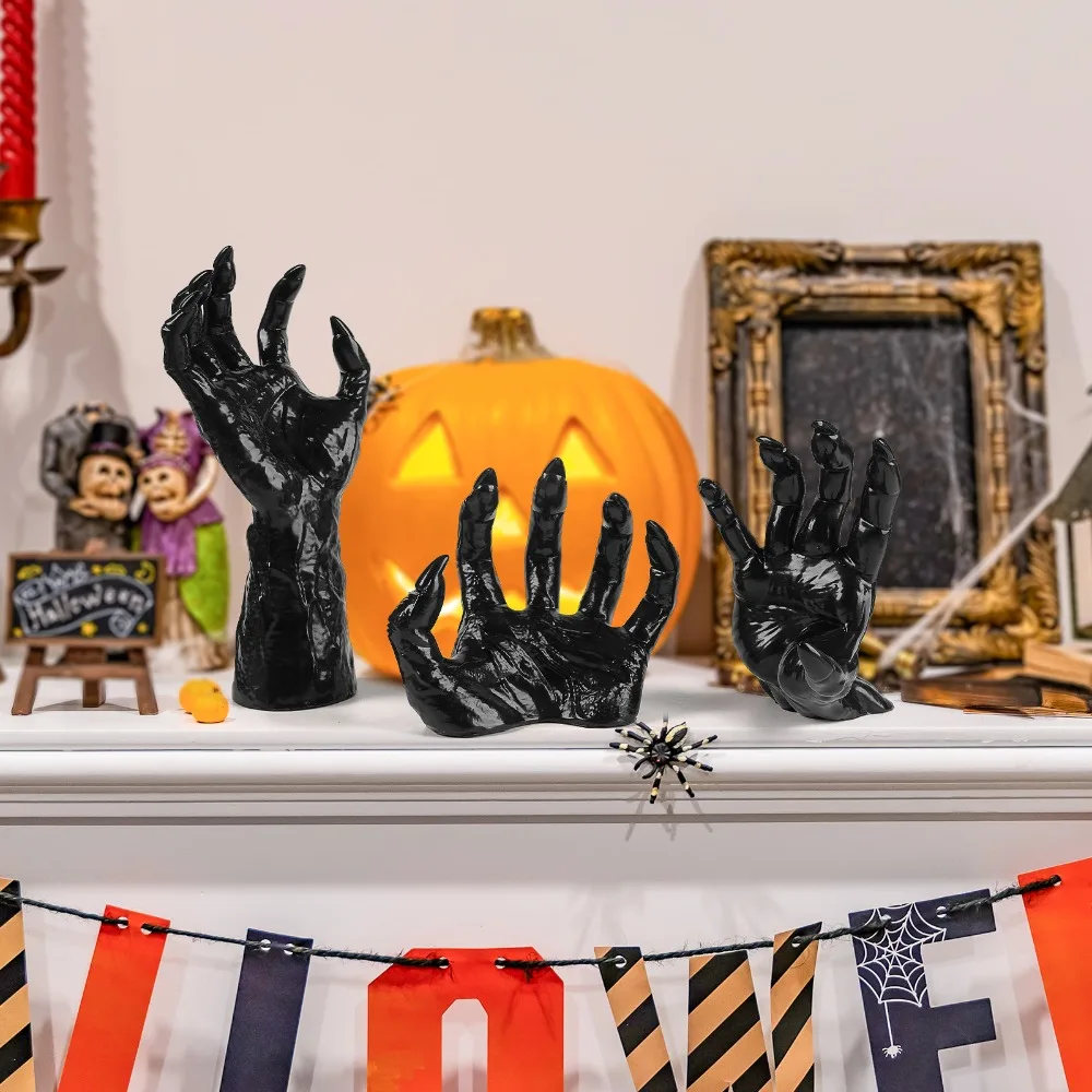 

3Pcs Realistic Halloween Wall Mounted Devil's Hand with Candle Plastic Desk Lamp Holder Black Ghost Hand Storage Hook