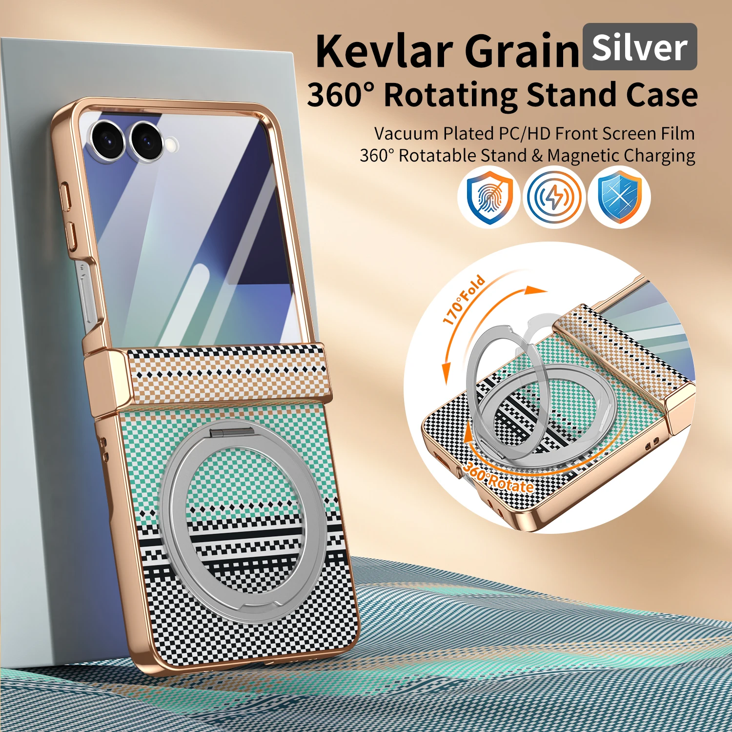 For Samsung Galaxy Z Flip 8 7 Case Kevlar Texture Built-in Magnetic Stand HD Protective Film PC Cover For Samsung Z Flip8 Cover
