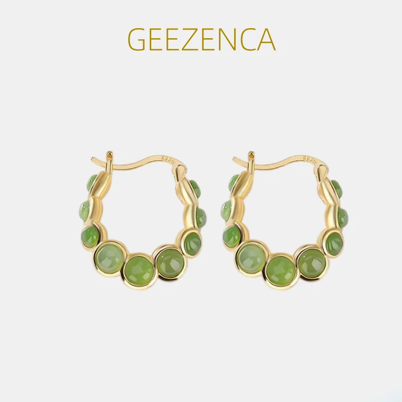 

GEEZENCA Natural Jasper 925 Sterling Silver Pea Pod Hoop Earrings For Women Green Jade Stone 18K Gold Chic Earring 2023 New Gift