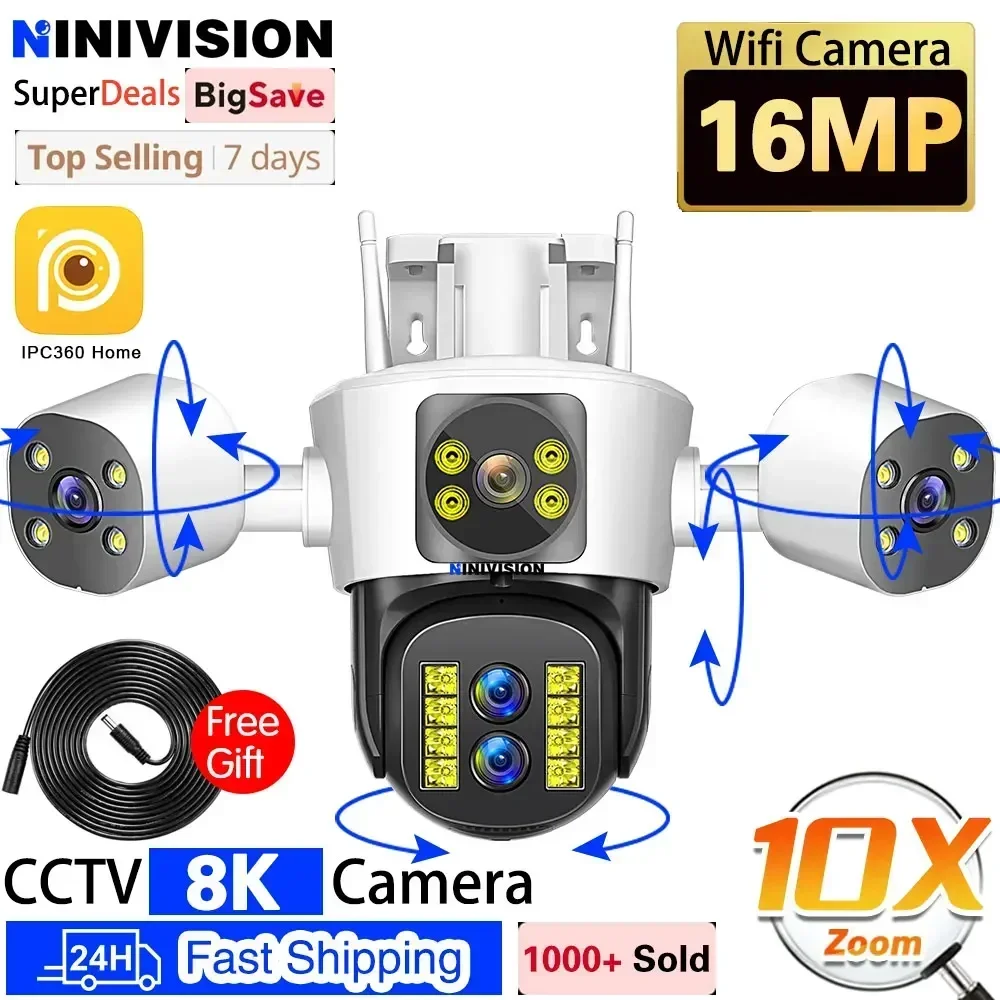 

8K 16MP WiFi Camera Outdoor Four Lens 10X Zoom PTZ Security Camera Auto Tracking Smart Security Protection IP Video Surveillance