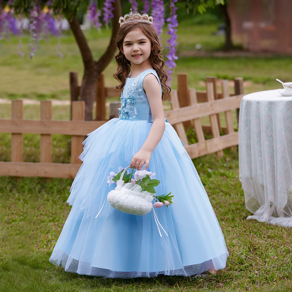 MQATZ Summer Dress Children Birthday Party Prom Host Baby Girls Clothes Blue Embroidered Wedding Bridesmaid Vestidos Long Gown