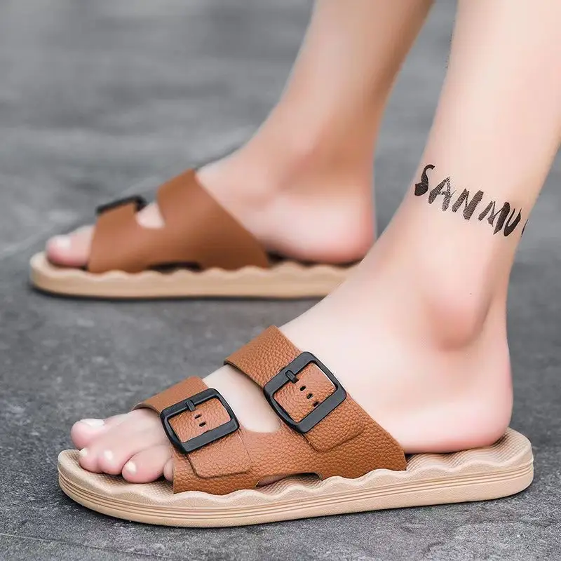 

2024 New Men's Summer Leather One Word Big Size Slippers Soft Sole Non Slip Home Slipper Outdoor Beach Slipper Bathroom Slipper