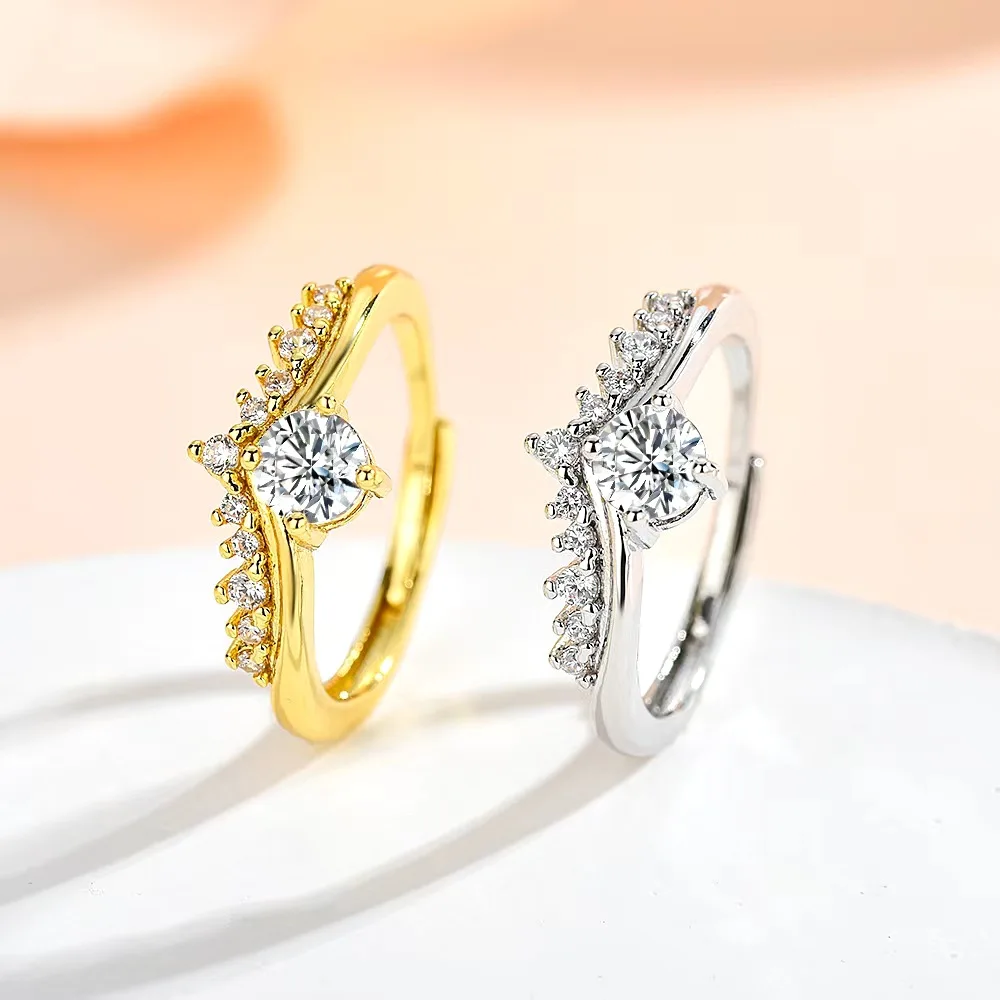 Moissanite Adjustable Open Ring in Silver or Gold Tone Featuring Geometric Crown Design Ideal for Fashion-Forward Wome