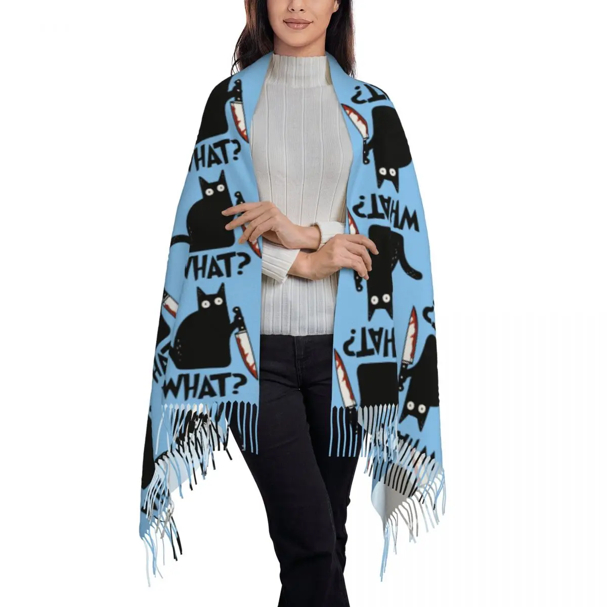 Cat What Murderous Black Cat With Knife Gift Premium Scarf Tassel Scarves Women Shawls and Wraps Long Fall Winter Shawl Wrap