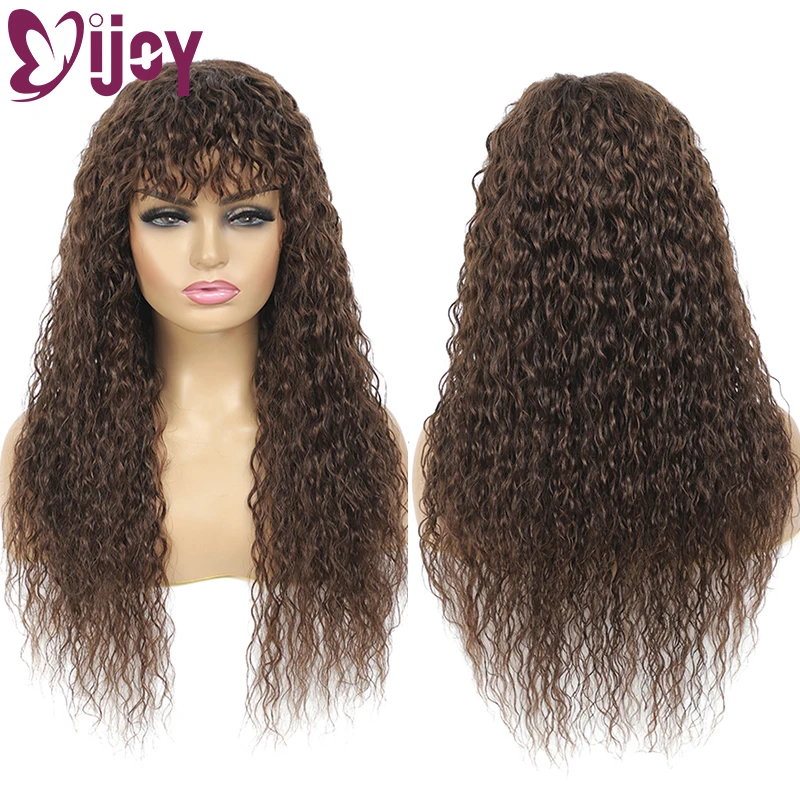 

Water Wave Human Hair Wigs With Bangs For Black Women Medium Brown Full Machine Made Wig Brazilian Remy Hair Wig IJOY