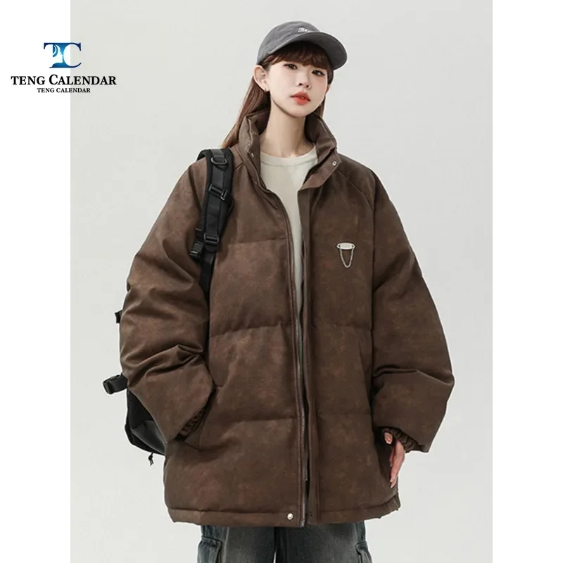 Unisex Winter Cotton Jacket, Teenage PU Leather Retro Metal Decoration Thick Stand Collar Men's and Women's Cotton Jacket,