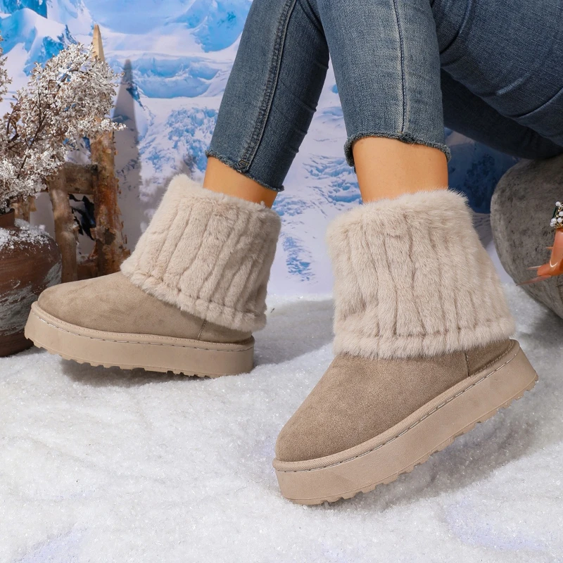 Fashion autumn winter mid length women's snow boots with integrated fur and thick sole warm women's cotton boots
