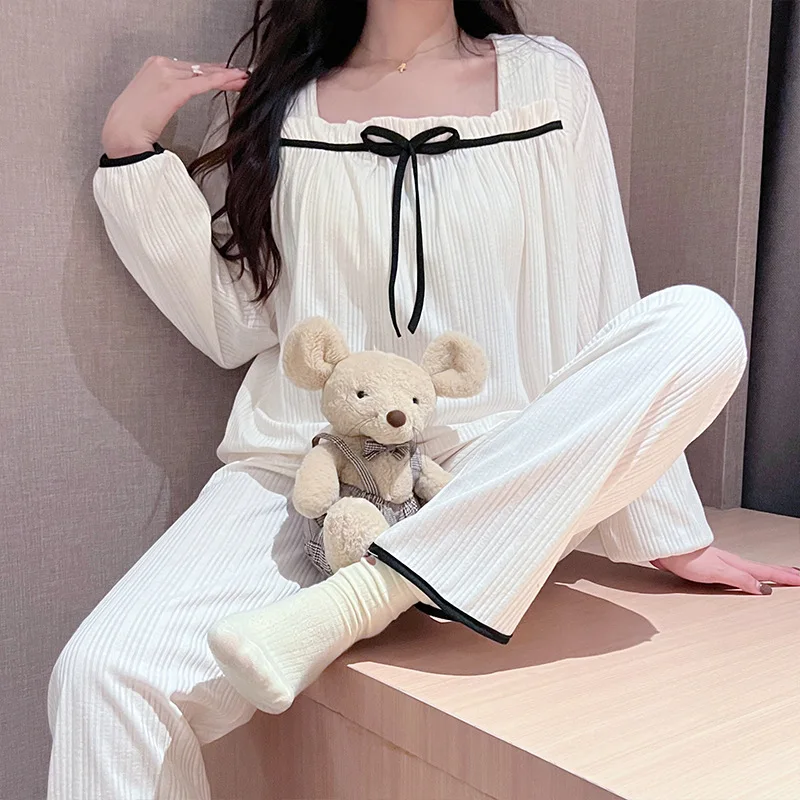 New 2-Piece Set Of Ladies Pajamas Homewear Spring And Autumn Milk Silk Long-Sleeved Trousers Pajamas Women\'s Casual Homewear