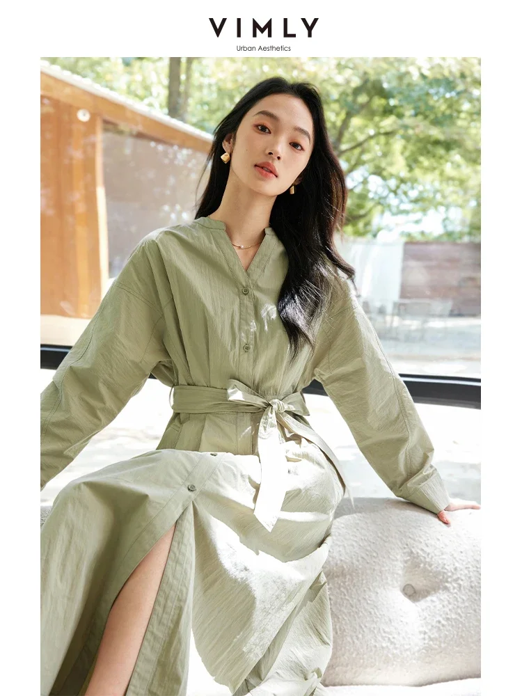 VIMLY Women Fashion Simple Solid V-Neck Shirt Style Long Dress Autumn Chic Female Casual Office Lady Straight Dresses With Belt