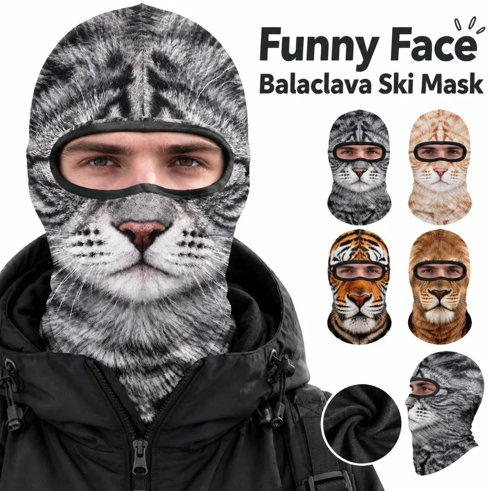 3D Printed Animal Pattern Funny Ski Mask Breathable Eye Hole Quick Dry Ski Mask Hood Windproof Full Coverage Neck Gaiter
