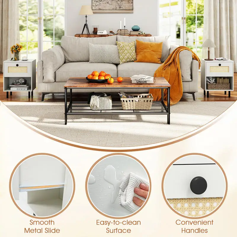 

Rattan Nightstand Boho End Table with Rattan Drawer and Open Shelf-White