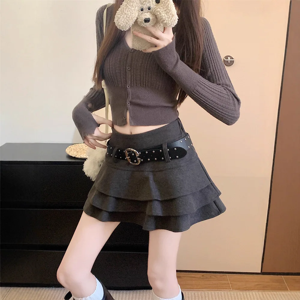 Falda de pastel de lana dulce para mujer, Falda corta plisada de cintura alta con volantes antideslumbrantes, corte en A, otoño e invierno