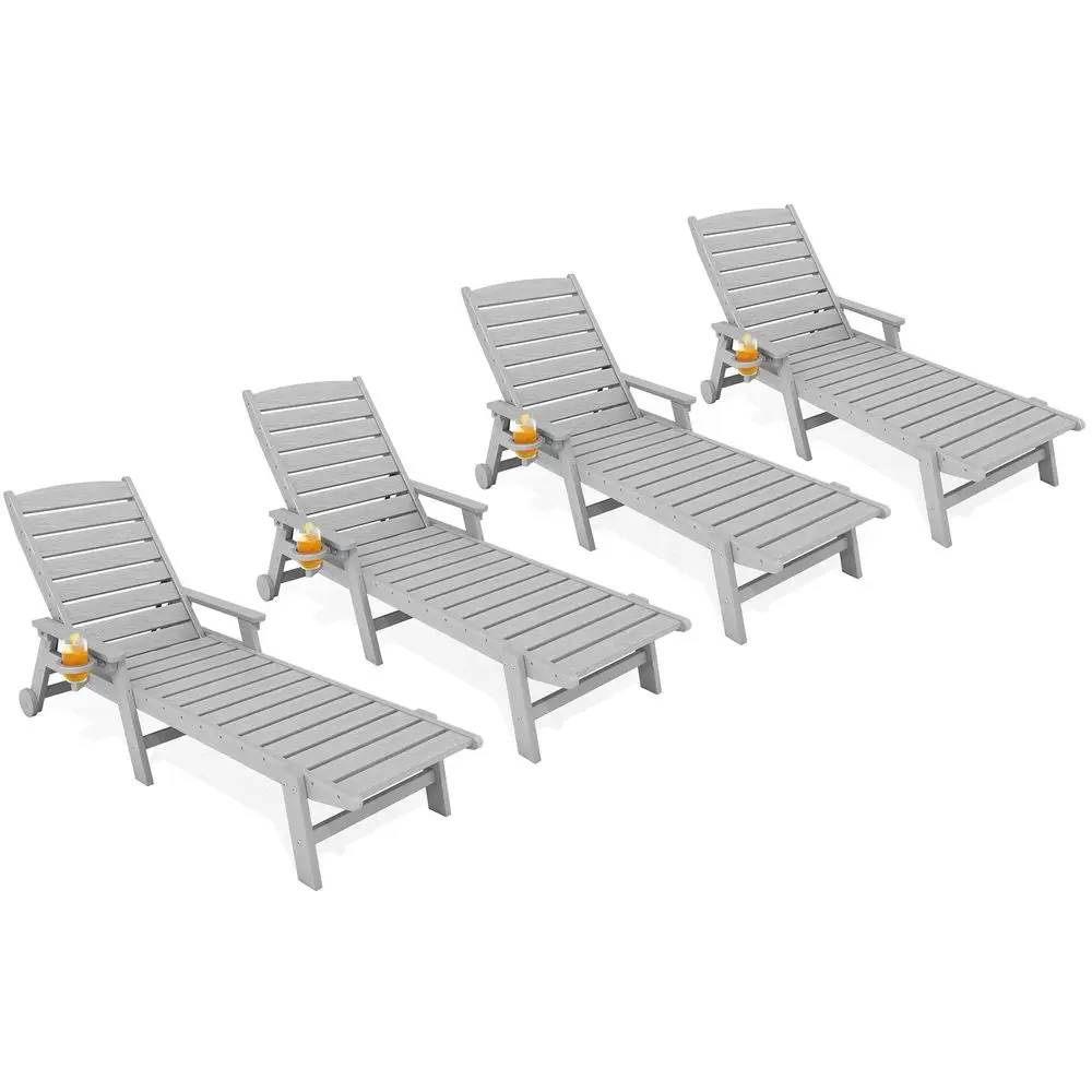 

HDPE Lounge Chair Outdoor Set of 4, Patio Chaise Lounge Recliner with Cup Holder All Weather Pool Lounger for Outside, Space Gr