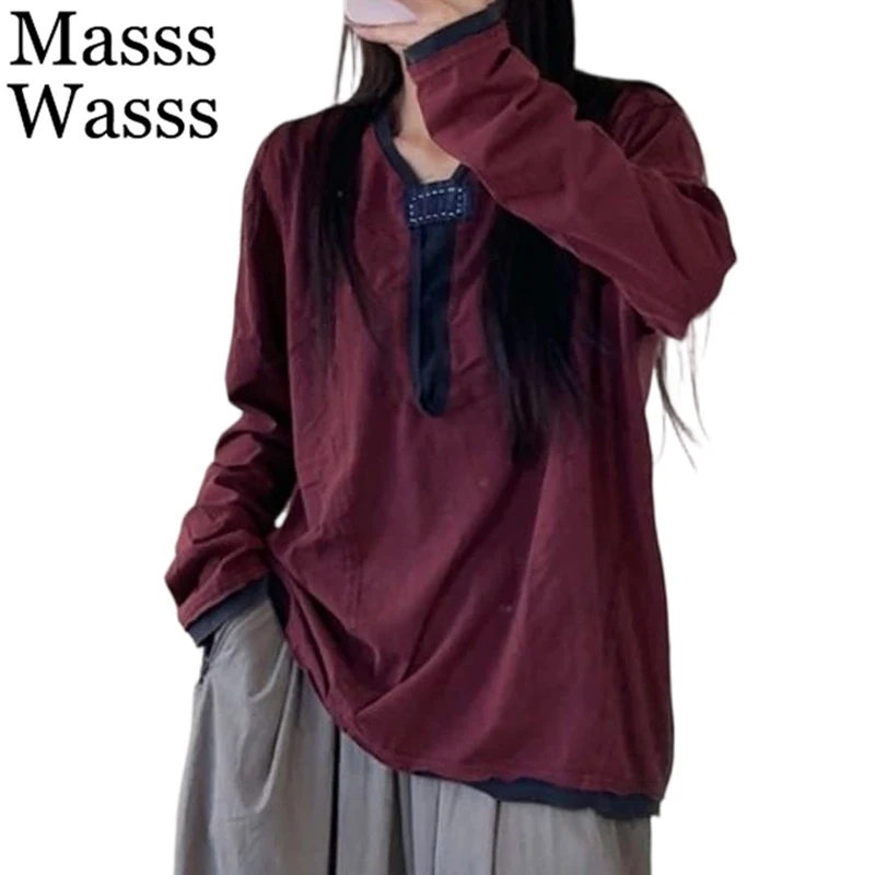 

Masss Wasss 2026 European Spring Classic Patchwork Clothes Womens Fashion Casual Vintage T-shirts Ladies Loose Long Sleeve Tops