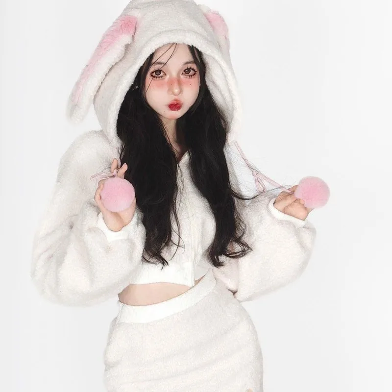 Cute Sweet Bunny Hooded Plush Fuzzy Short Skirt Set for Women Lolita Style Hot Rabbit Ears Hooded Zipper Slim Skirt Suit Clothes