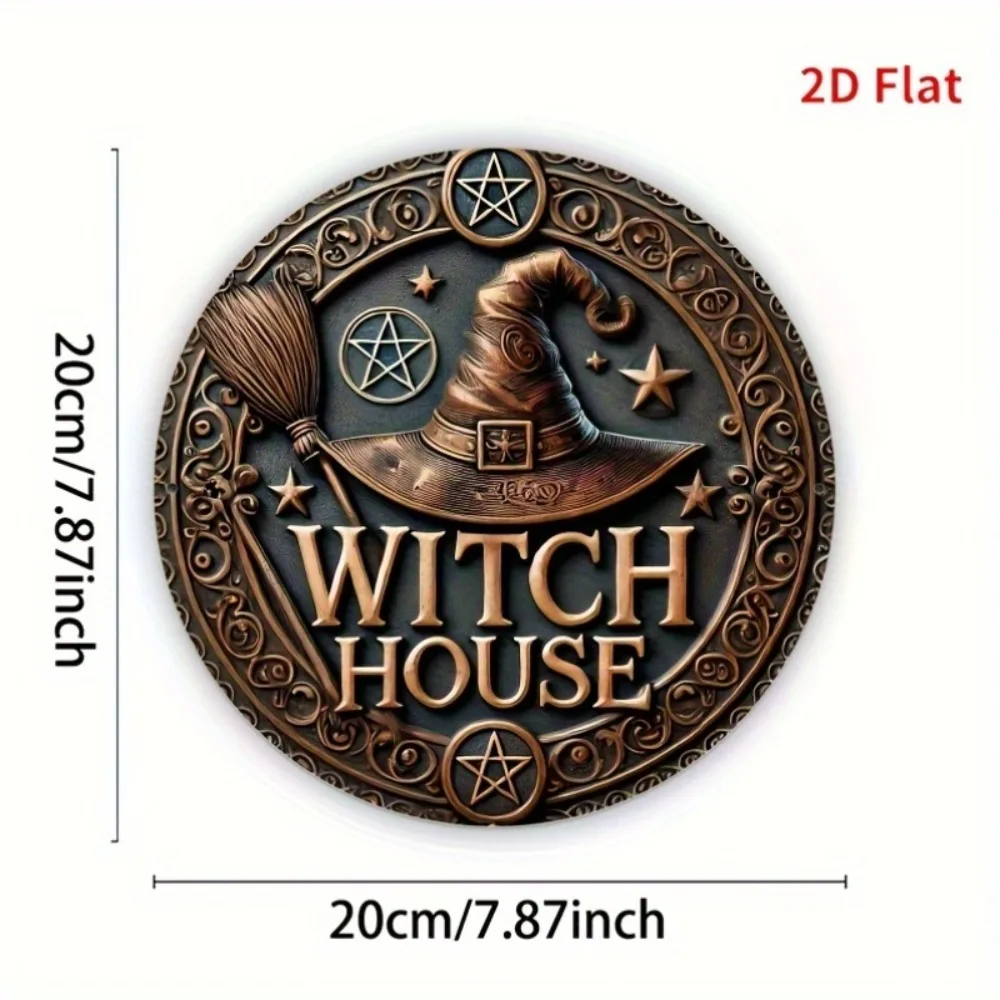 1pc 2D Vintage Witch House Metal Sign Circular Iron Wall Decor with Star Witch Hat Broom Design Halloween Decor for Home Garage