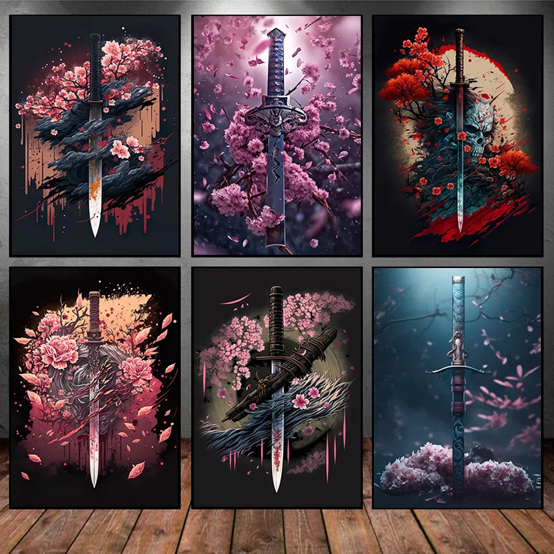 Japanese Samurai Sabre Poster Black White Katana Flower Print Canvas Painting Home Living Room Wall Art Decor Picture Cuadros