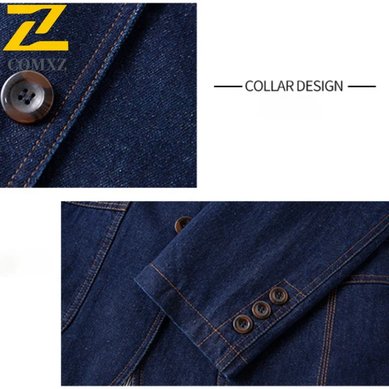 2025 Autumn  Vintage Denim Jacket Men's High Quality Luxury Cotton Blue V-neck Small Suit Coats Casual Business Loose Denim Coat