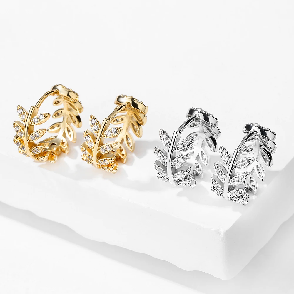 Delicate Leaf Ear Ring With Shiny For Women Silver Color/Gold Color Fashion Hoop Earrings Fancy Girl Gift Jewelry image 3