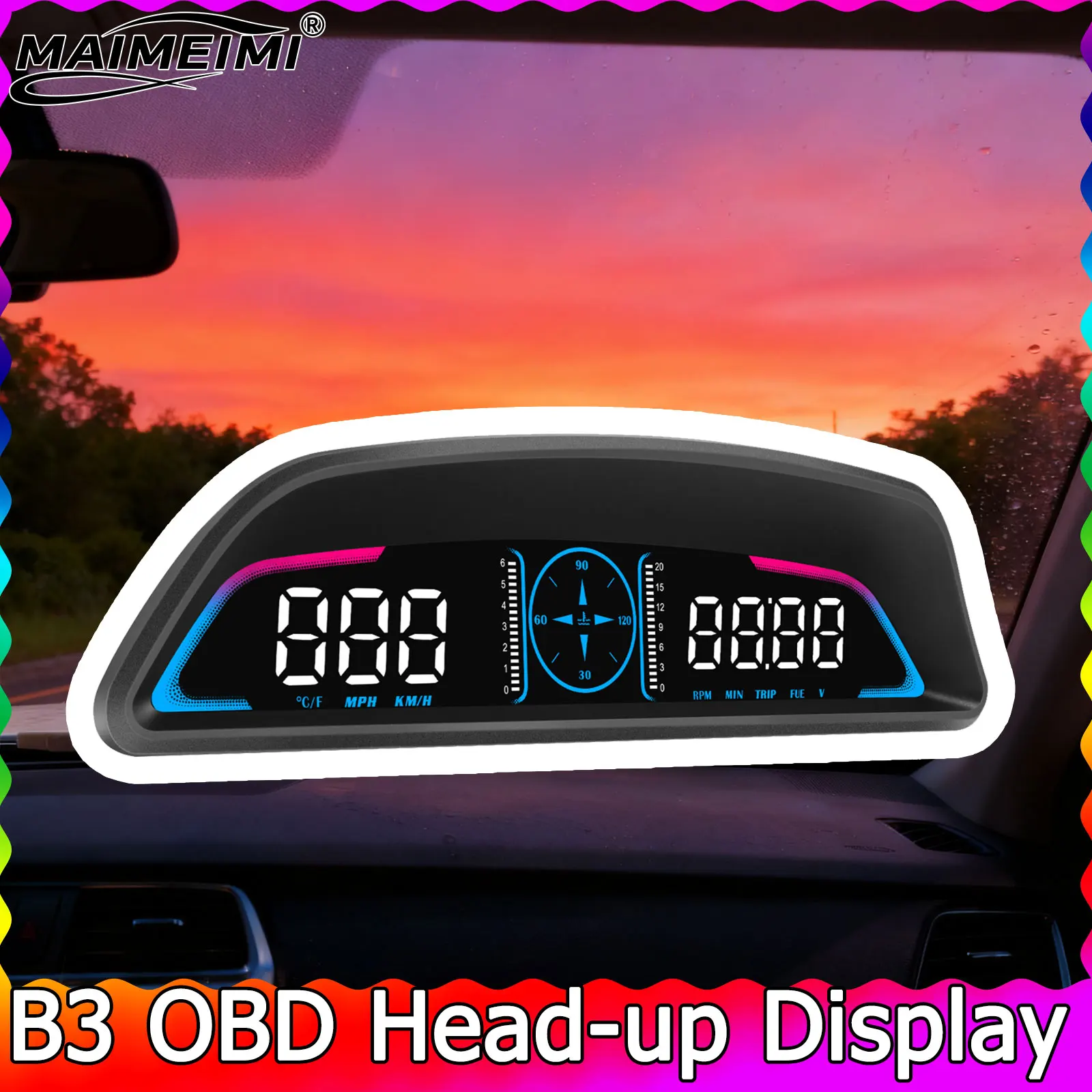 

Цифровой спидометр B3 HUD OBD Датчик автомобиля Проекционный дисплей Измеритель скорости Об/мин Температура воды Расход топлива Часы Напряжение с будильником