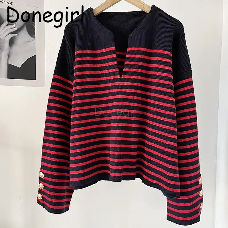 

Donegirl Women 2024 New Autumn Winter Fashion Loose V-neck Striped Knitted Sweater Versatile Simple Pullover Female Jumper Chic