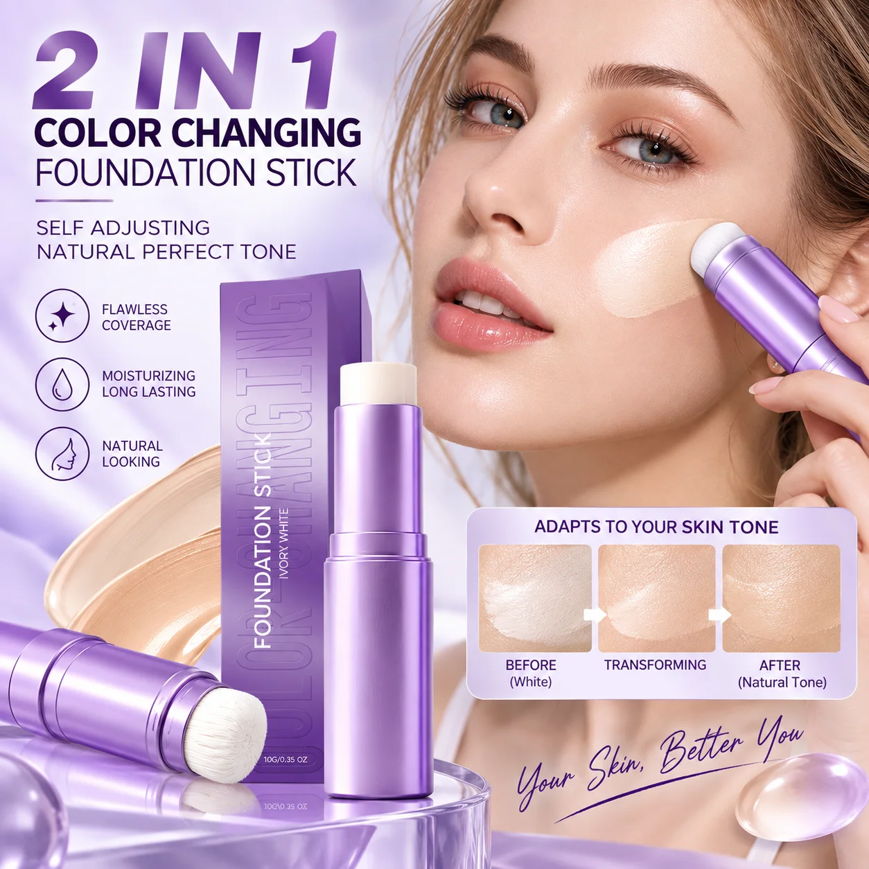 2in1 Color Changing Foundation Stick Dual Head Self Adjusting Skin Tone LongLasting Moisturizing Full Coverage Concealer Makeup