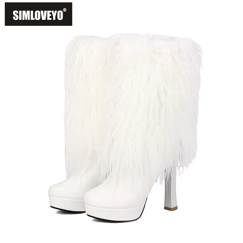

SIMLOVEYO 2025 New Design Female Mid Calf Boots Round Toe Ultrahigh Heels 11cm Platform 2.3cm Zipper Plus Size 48 49 Sexy Bota
