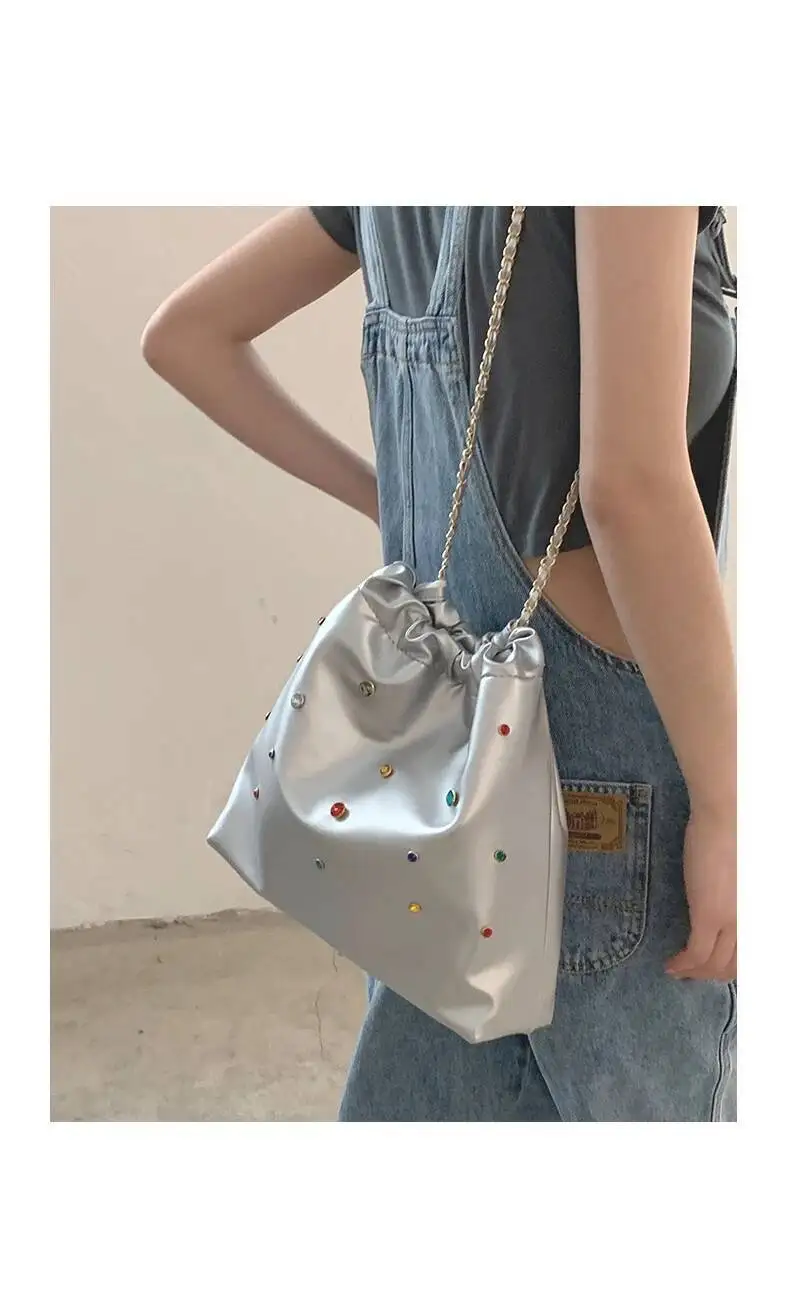 Bloom Beading Y2k Grunge Handbags Women Leather Large Capacity Casual Tote Bags Ladies Vintage Haruku Shoulder Bag Aesthetic