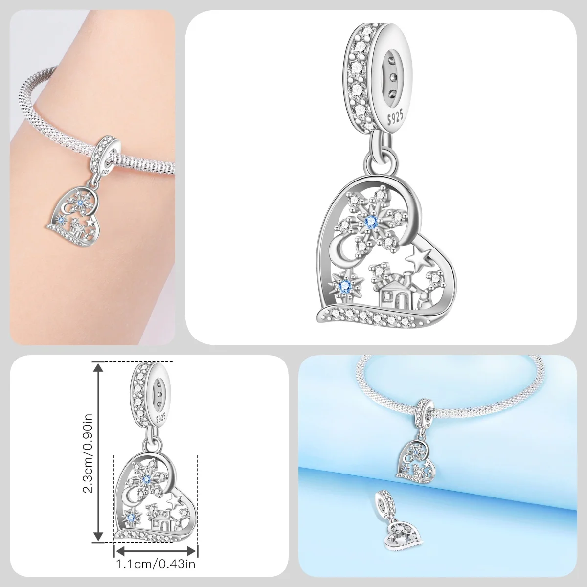 Original 925 Sterling Silber Zirkon Schneeflocken-Charm-Anhänger DIY Perle Passend für Armband Halskette Schmuck Feiertagsgeschenke für Frauen – Detail 9