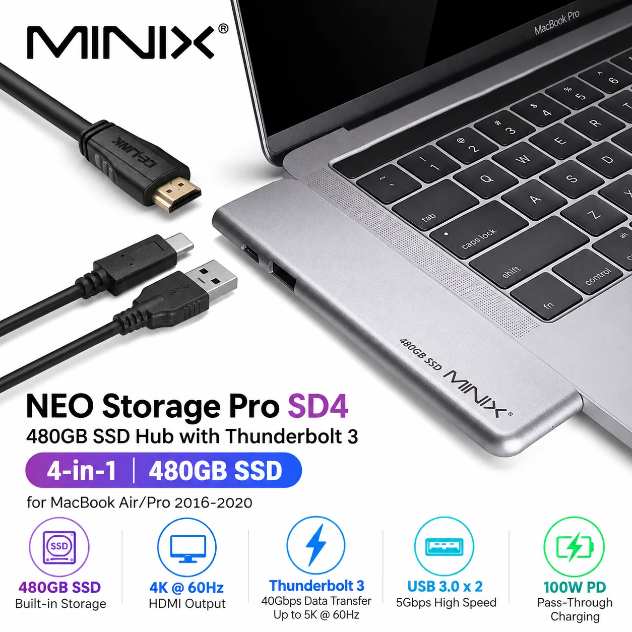 MINIX NEO SD4 USB-C Multiport Adapter 480GB SSD Storage Hub for MacBook Air/Pro HDMI 4K@60Hz Thunderbolt 3 USB 3.0
