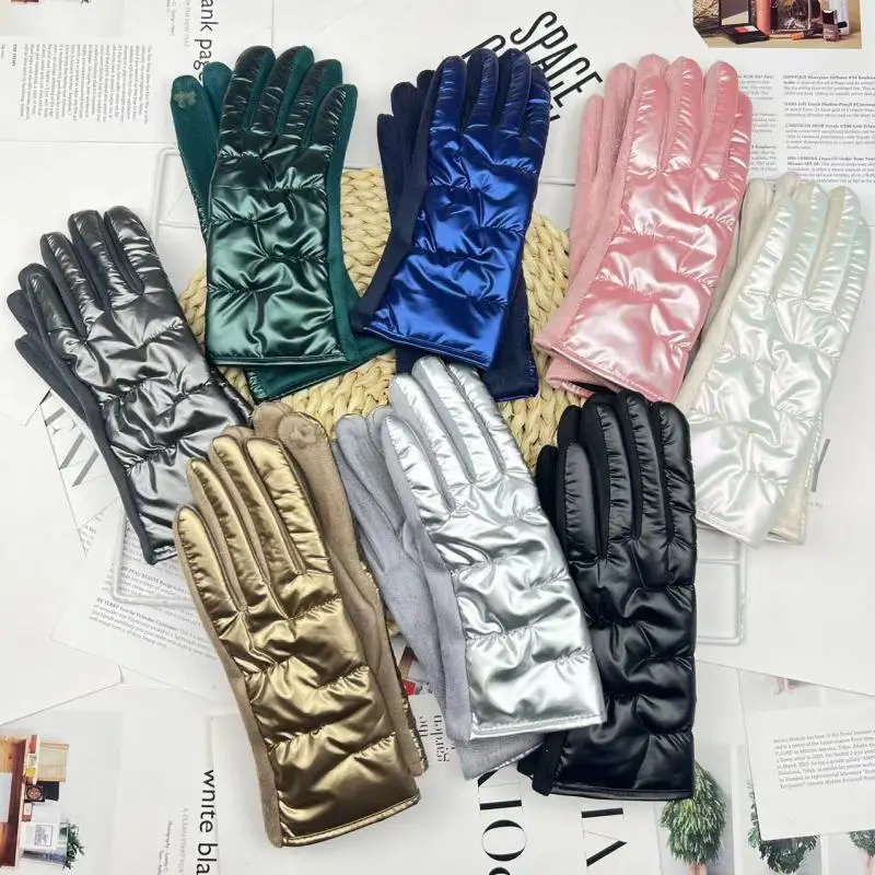 Winter Women Fashion Luxury Waterproof Keep Warm Touch Screen Down Cloth Suede Soft Splicing Gloves Elasticity Drive Cycling