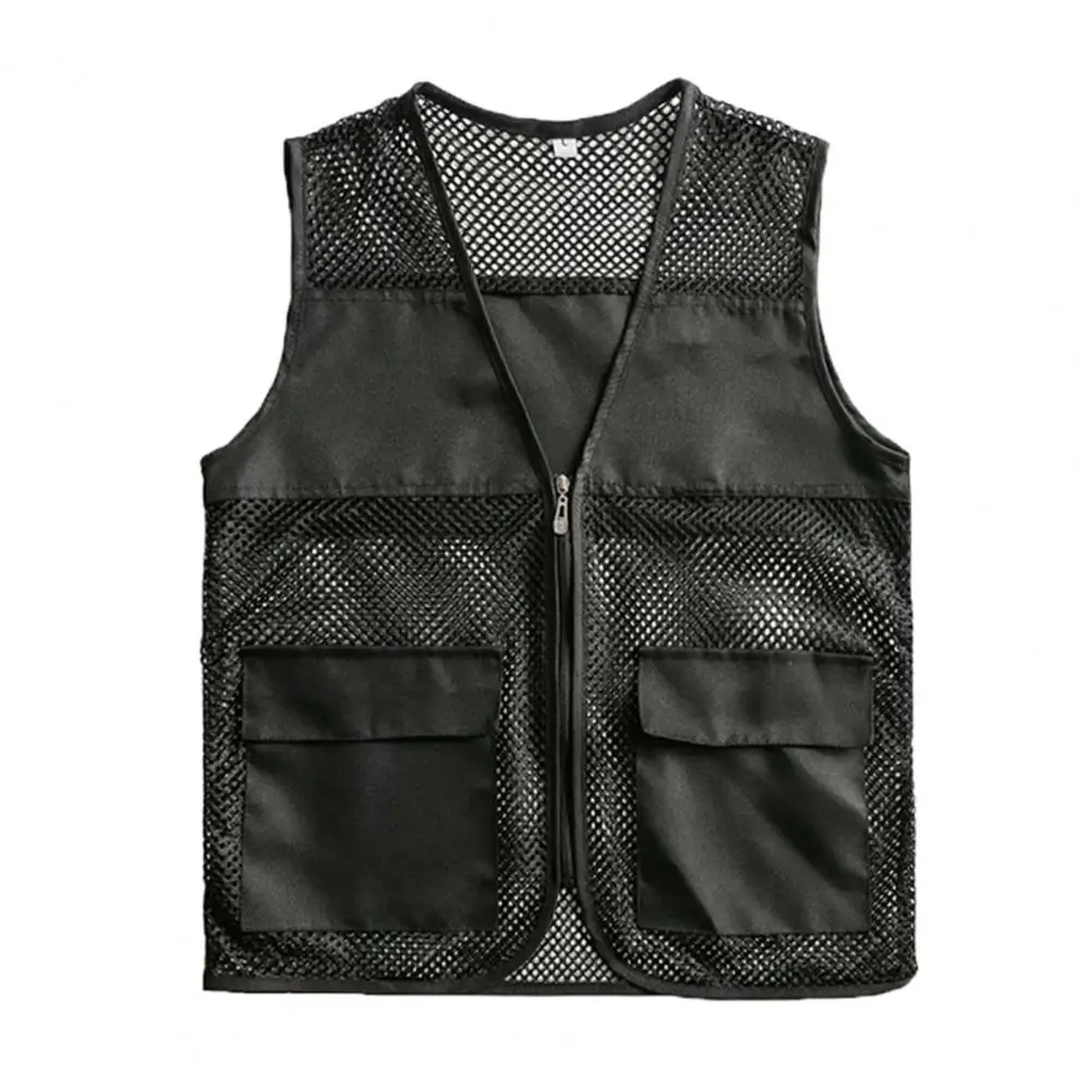 Gilet Cargo da pesca Hollow trasparente tinta unita grandi tasche abiti da lavoro larghi gilet con cerniera scollo a V gilet Cargo abbigliamento uomo