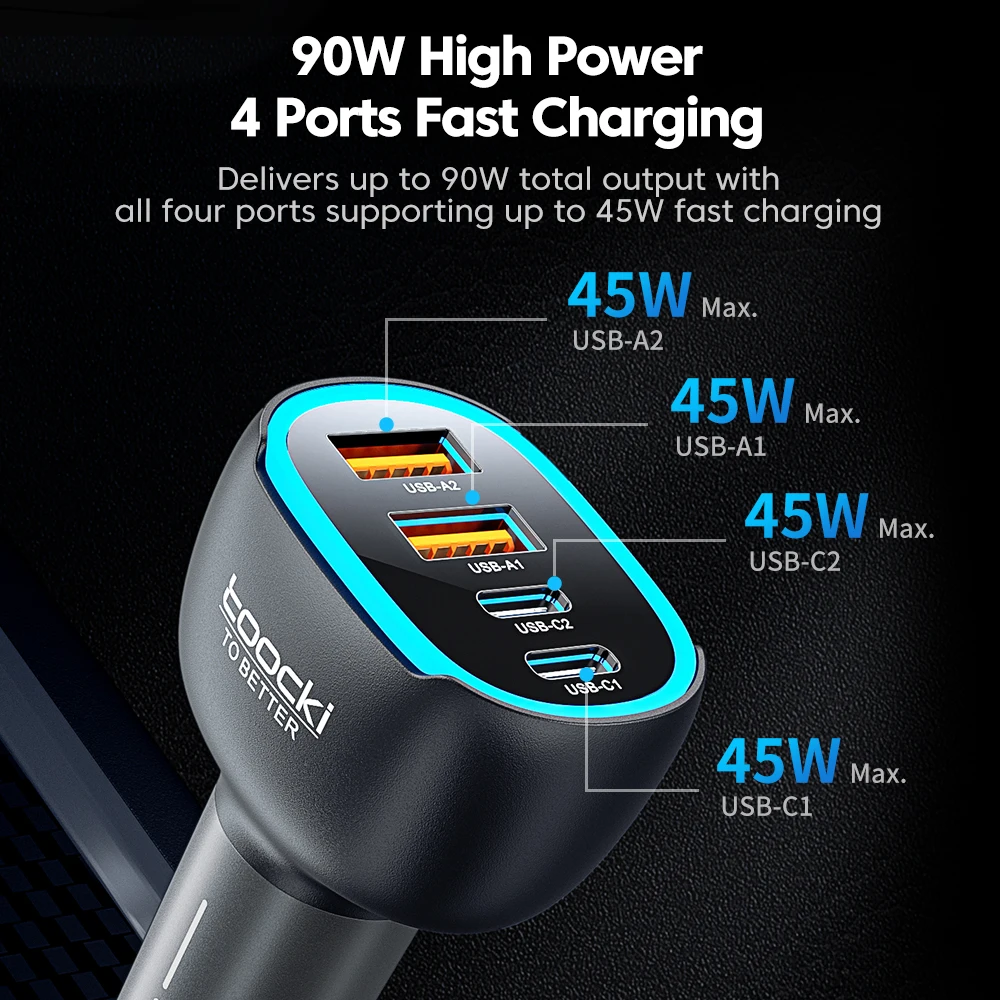 Toocki 90W USB C Car Charger For Phone 4 Ports PD Qi2.2 45W Fast Charging For iPhone 17 16 Pro Samsung S25 S24 Xiaomi LED Light view 4