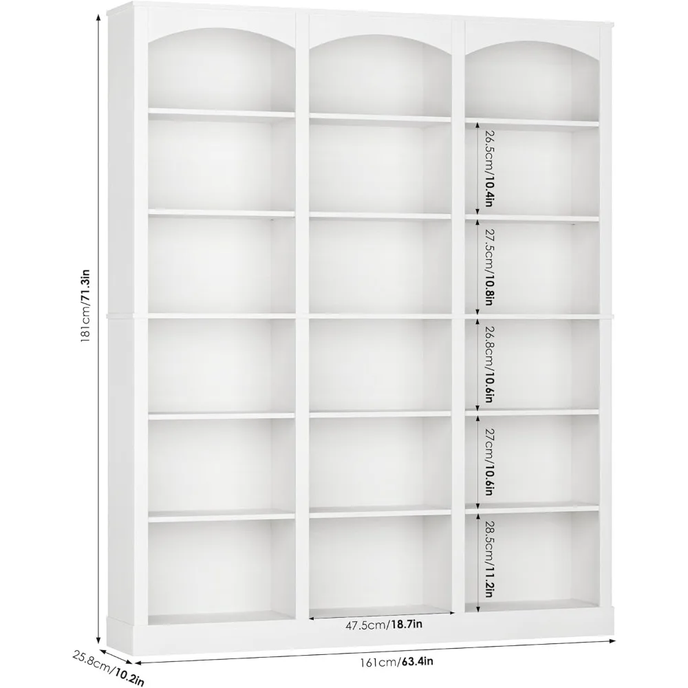 Rak Buku Putih Besar 6 Tingkat dengan Penyekat Melengkung, Lebar 63,4 inci, Kedalaman 18 inci, Solusi Penyimpanan Tinggi