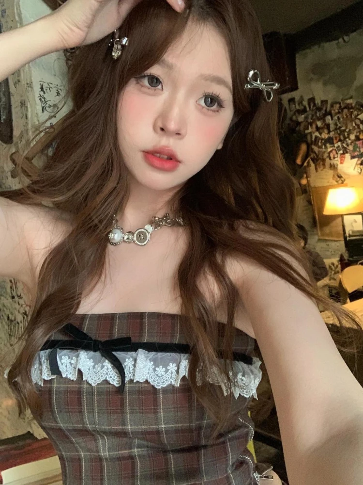 2024 Summer Elegant Plaid 2 Piece Skirt Set Women Casual Y2k Sleeveless Tops + Slim Mini Skirts 2000s Vintage Korea Fashion Suit