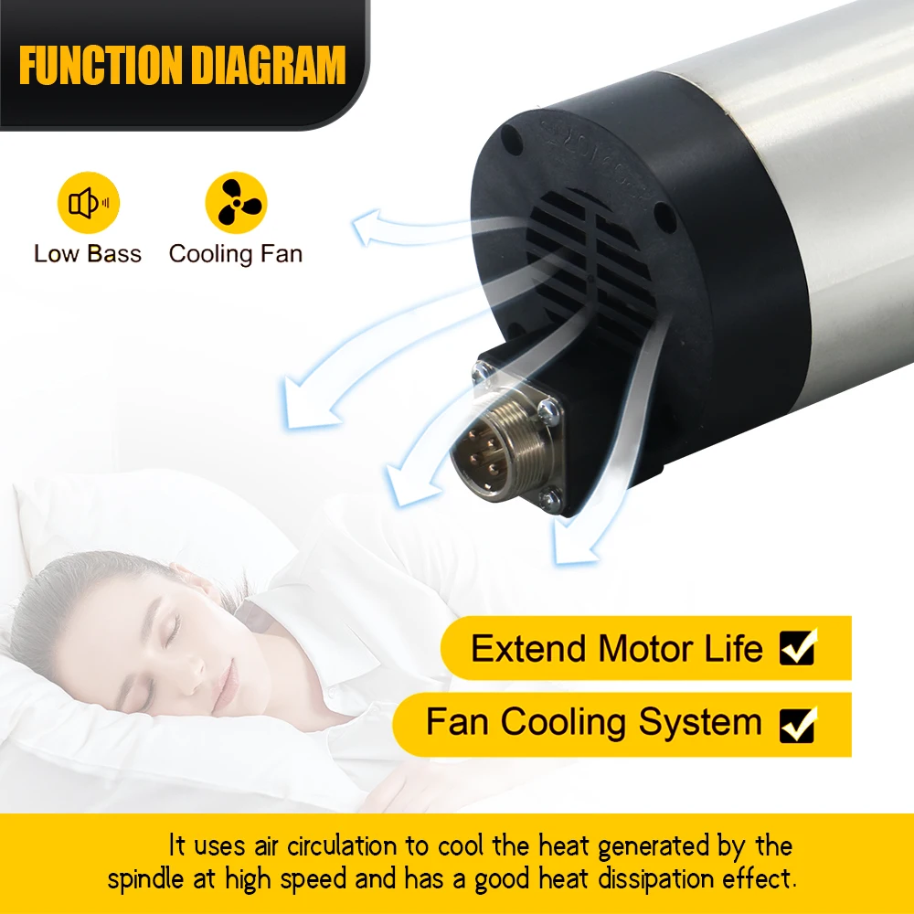 800w Spindle Motor 400Hz 24000RPM 0.32Nm Air Cooled Round Spindle 65MM Diameter ER11 Three Phase Collets For CNC