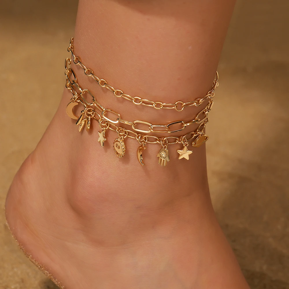 

NADEEM Fashion Metal Multilayer Star Moon Sun Anklets for Women Vinatge Heart Planet Link Chain Anklets Accessories Jewelry Gift