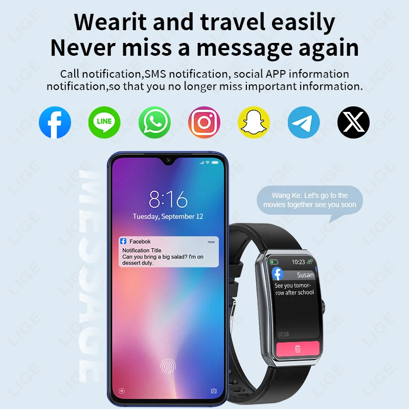 LIGE 1.47 "Jam Tangan Pintar Silikon Tahan Air Bluetooth Panggilan Pesan Pengingat Pemantauan Tidur Gelang Pintar Pedometer Gelang Olahraga
