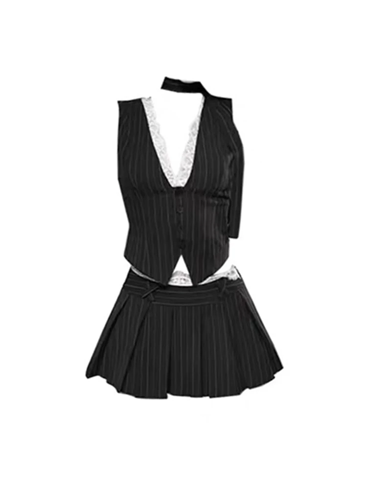ファッショナブルな夏の服装、セクシーなレースのクロップトップとプリーツミニスカートのツーピースセット、8歳から25歳の若い女性向けのトレンディな組み合わせ