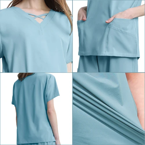 Imagen 2 del producto Blusa de enfermera para el cuidado de la salud, camiseta de manga corta con bolsillo y cuello en V, uniforme para el personal, ropa para salón de belleza
