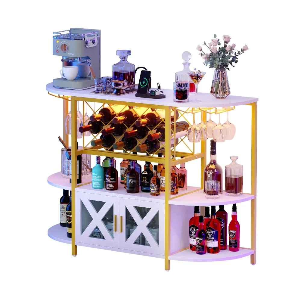 Bar Wine Cabinet with LED Lights and Power Outlets, 4-Tier Wine Rack Table for Liquor with Glass Holder and Wine Rack Storage